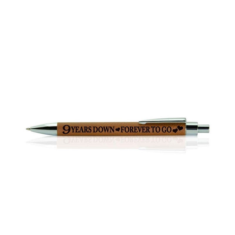 KATE POSH - 9 Years Down, Forever to Go Engraved Leather Pen, Our 9th Wedding Anniversary, 9 Years as Husband & Wife, Gifts for Her, Him & Couples, Rawhide - Image 3